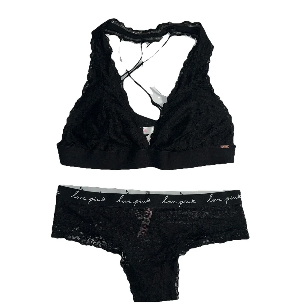 Victoria Secret PINK Blk Set Lg‎ Bralette W/ Sheer Lace Cheekster Med Panty -New
